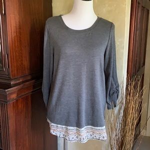 AB Studio gray 3/4 sleeve with sheer faux  top hem